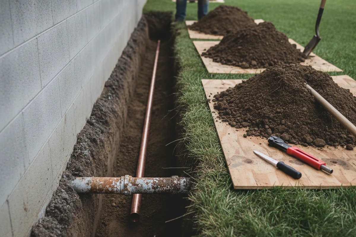 Excavated water line trench during Sewer Line Repair in Carson City